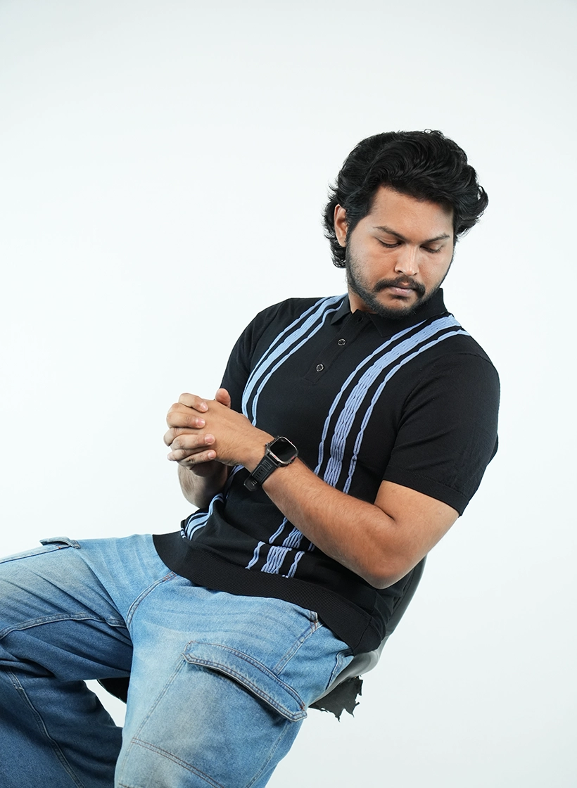 Black and Sky Blue contrast Stripe Knit Polo