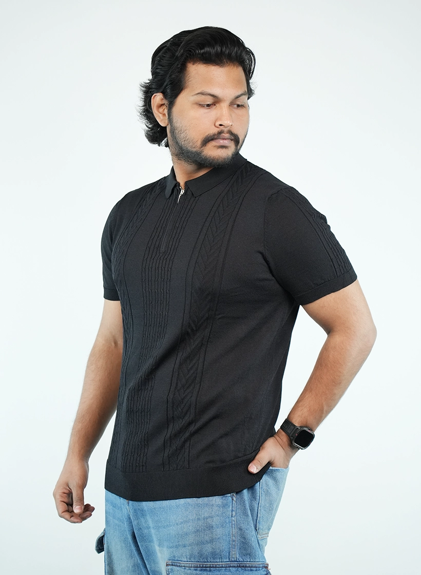 Midnight Black Textured Quarter-Zip Polo.