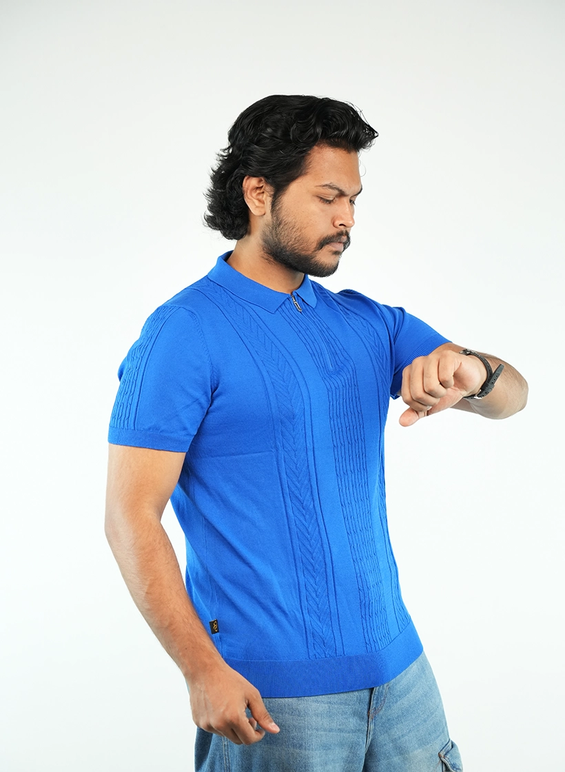 Men’s Cobalt Blue Textured Quarter-Zip Polo